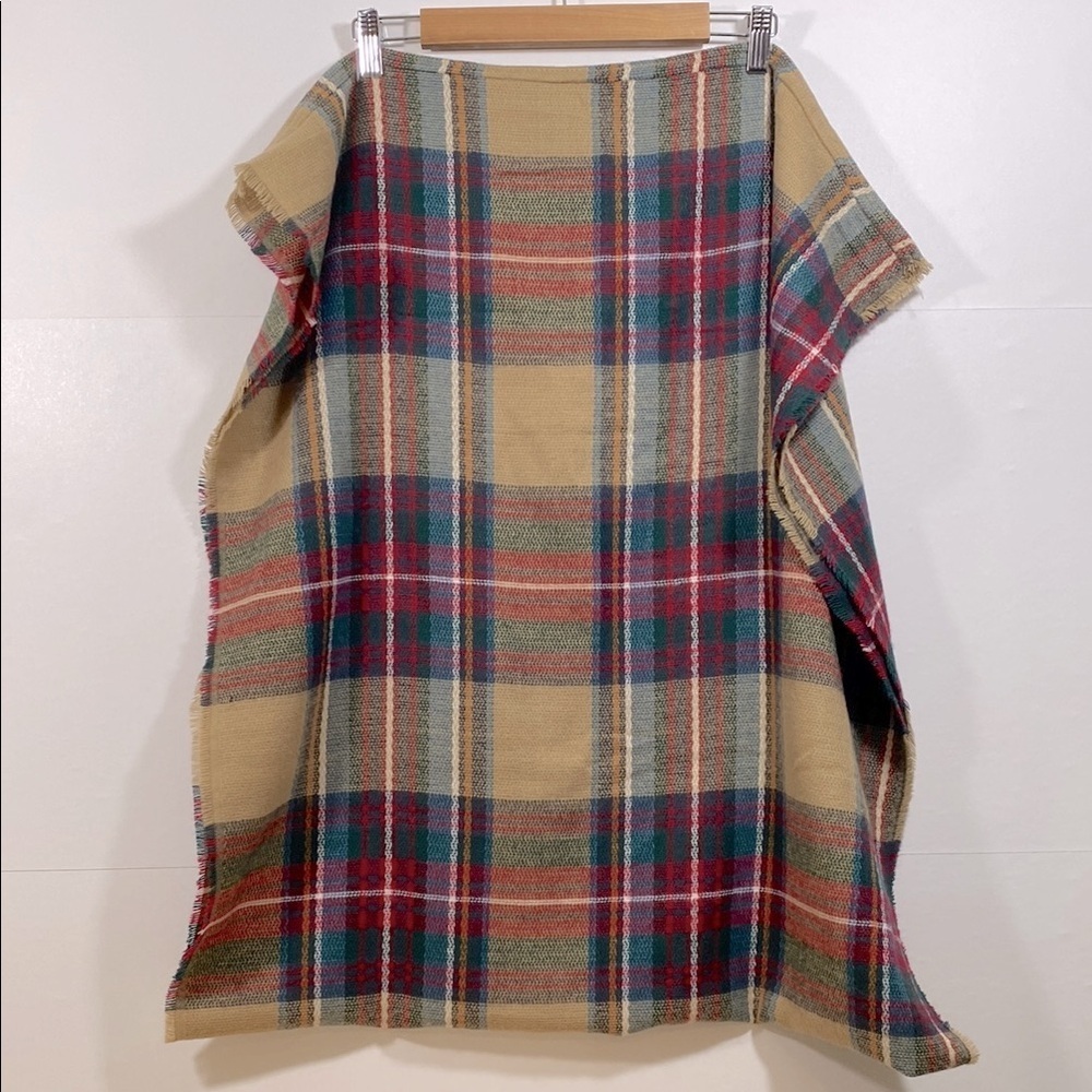 Tan, Blue, and Red Wool Blend Plaid Infinity Scarf